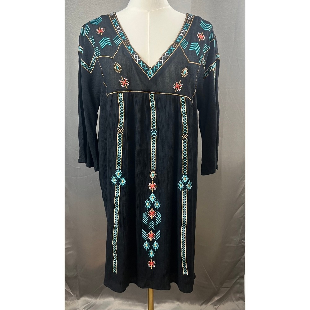 Womens Wrangler Embroidered Aztec Dress Cowgirl Country 3/4 Dolman Sleeves Med
